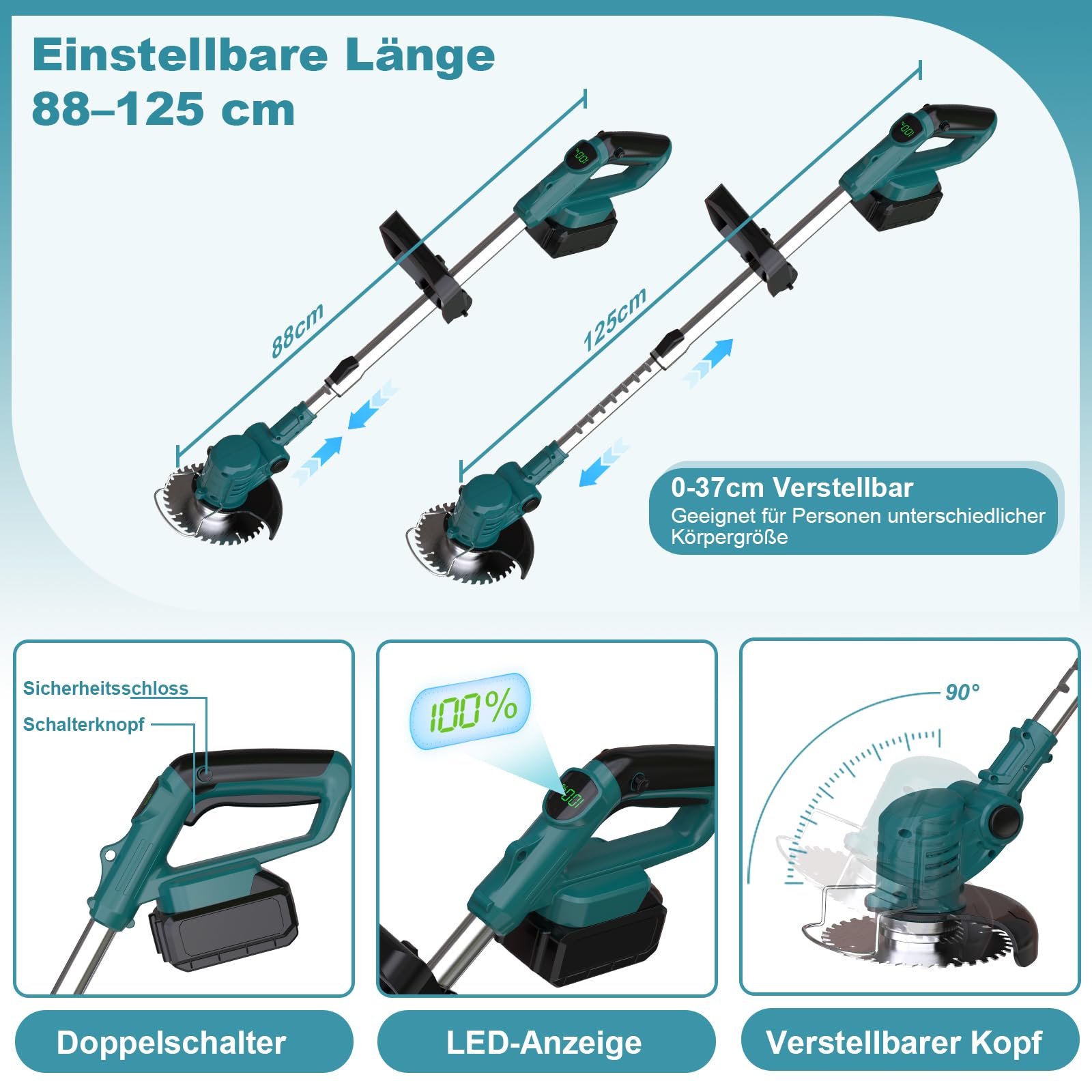 Rasentrimmer mit Akku 5 In 1 Akku Rasentrimmer für Makita Akkus mit 5 Klingentypen, 21V Freischneider Akku Teleskopierbar, 90° Drehung für Garden Trimmen,Blau
