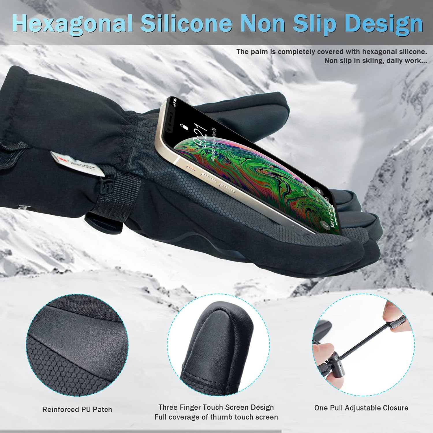 Ski Gloves Winter Waterproof & Windproof Snowboard Snow Warm Touchscreen Cold Weather Boys Man Women Breathable Skiing & Snowboarding Glove Wrist Leashes