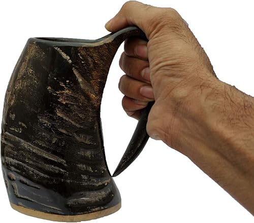 Miniatura 6 de Juego de 2 tazas de cuerno vikingo, 100% auténtica jarra medieval de cuerno de cerveza con superficie de madera, taza de cuerno vikingos de 16