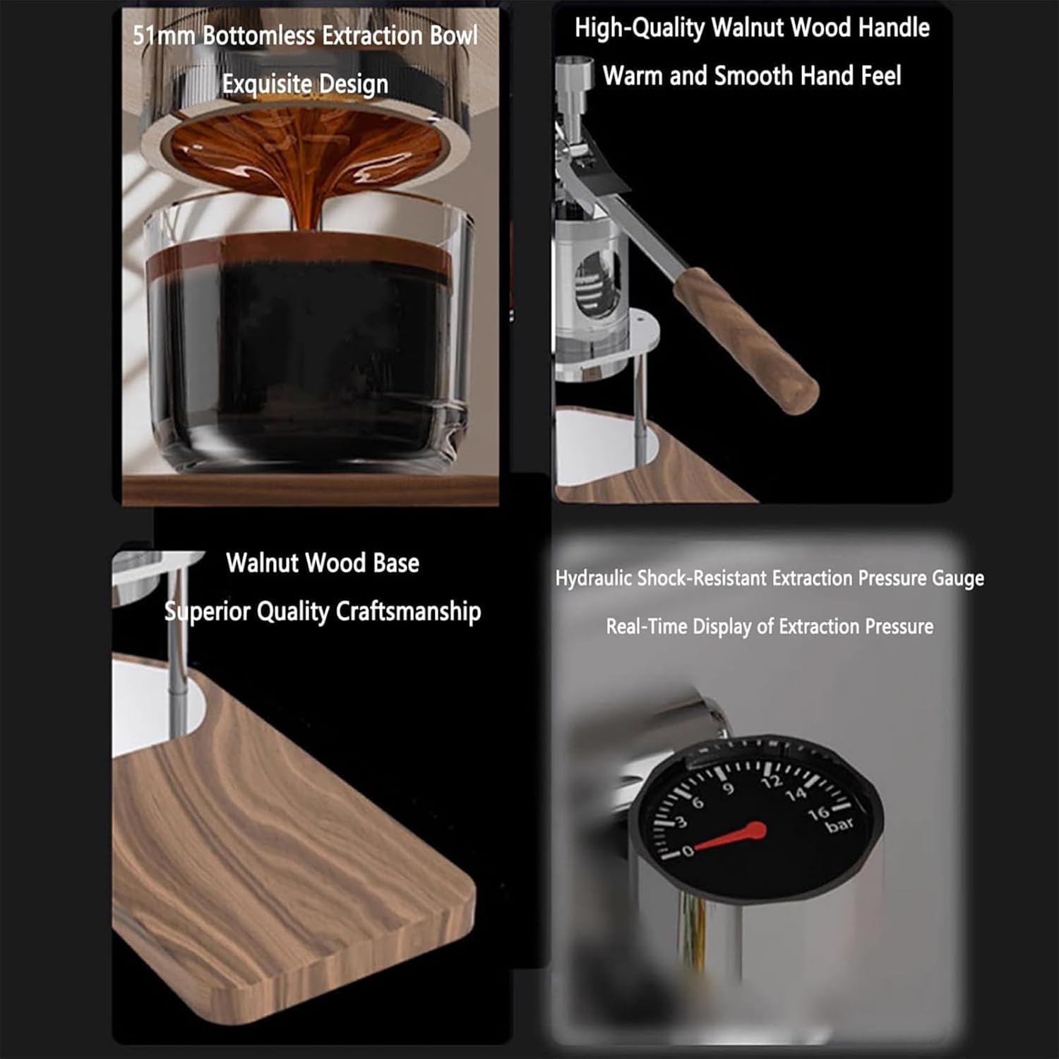 Portable Manual Coffee Machine, Lever Press Mini Manual Espresso Machine With Pressure Gauge, 6-9 Bar, For 51mm Or 58mm Bottomless Portafilter, For Home Travel Camping Office (58mm)