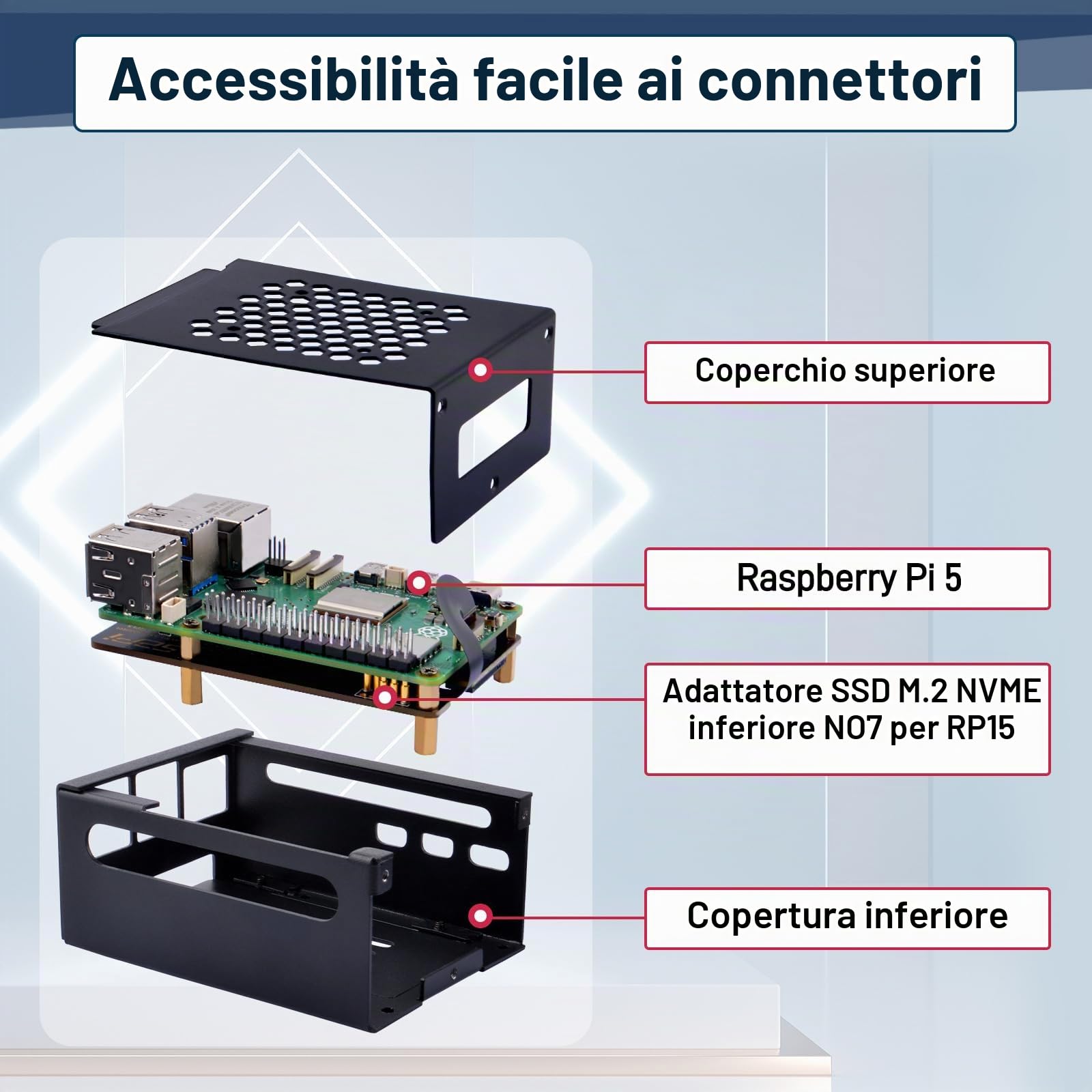 GeeekPi Alloggiamento in metallo con scheda periferica N07 M.2 NVMe SSD Pip PCIe per Raspberry Pi 5, supporto M.2 Key-M NVMe SSD 2230/2242/2260/2280
