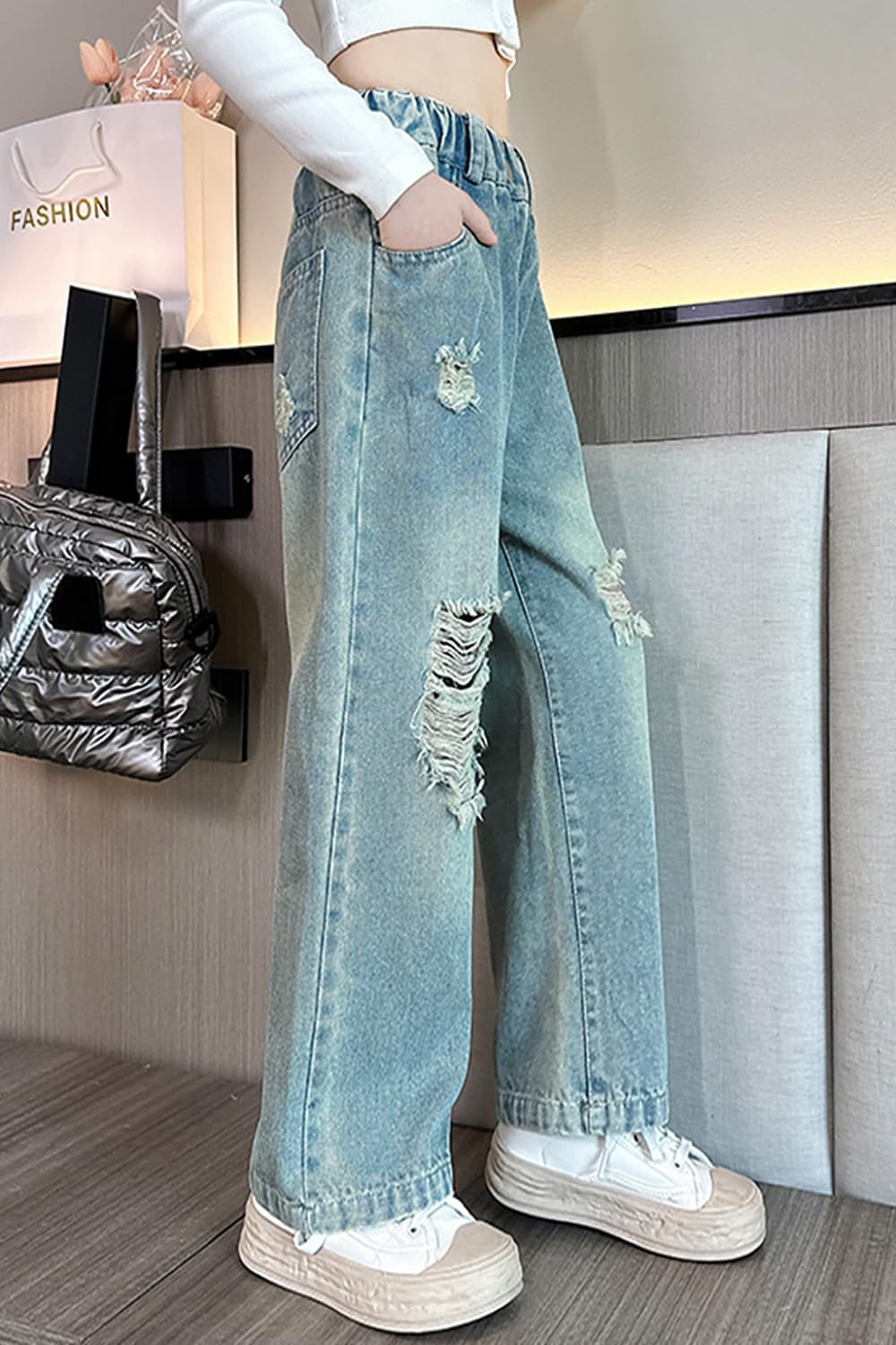 AOWKULAE Girls Jeans Elastic Waist Wide Leg Pants Kids Jeans 4-14 Years - Image 2