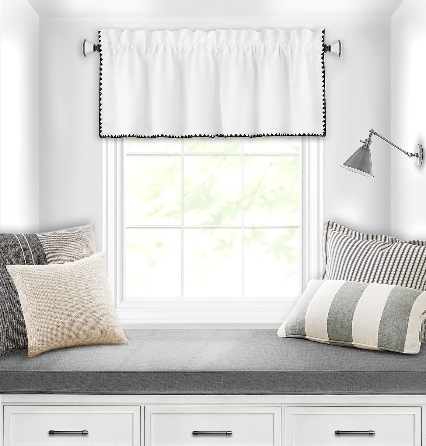 ACHIM Kendal Window Curtain Valance - 58 Width, 14 Length, 1.5 Inch Rod Pocket - White/Black - Ultra-Soft Light Filtering Fabric with Shell Stitch Embroidery & Machine Washable Home Decor