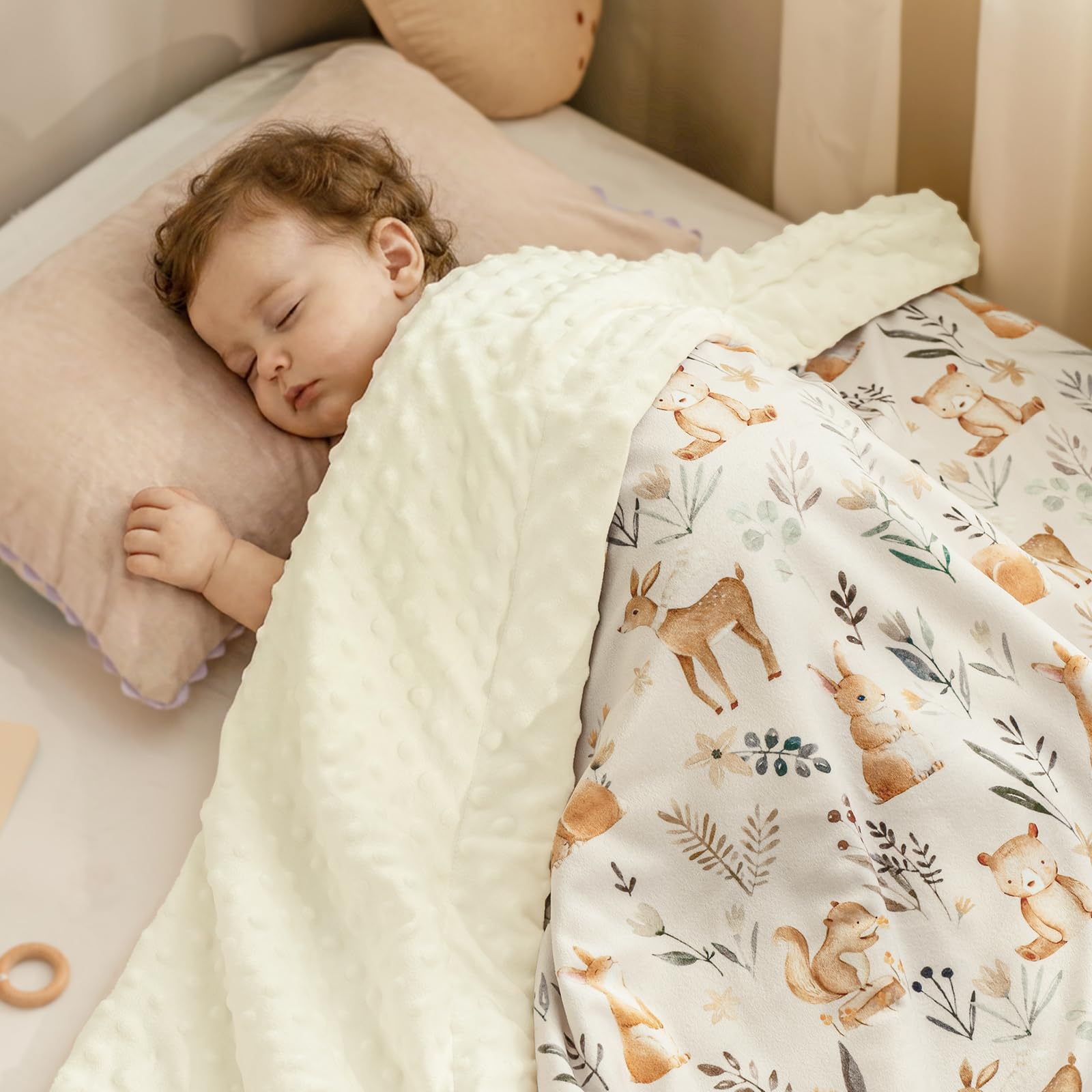 PHF Minky Baby Blanket with Double Layer and Soothing Raised Dotted Backing, Soft and Lightweight Reversible Receiving Blanket for Newborns, Infants, Babies, 30x40 Inches, Woodland&amp;Forest