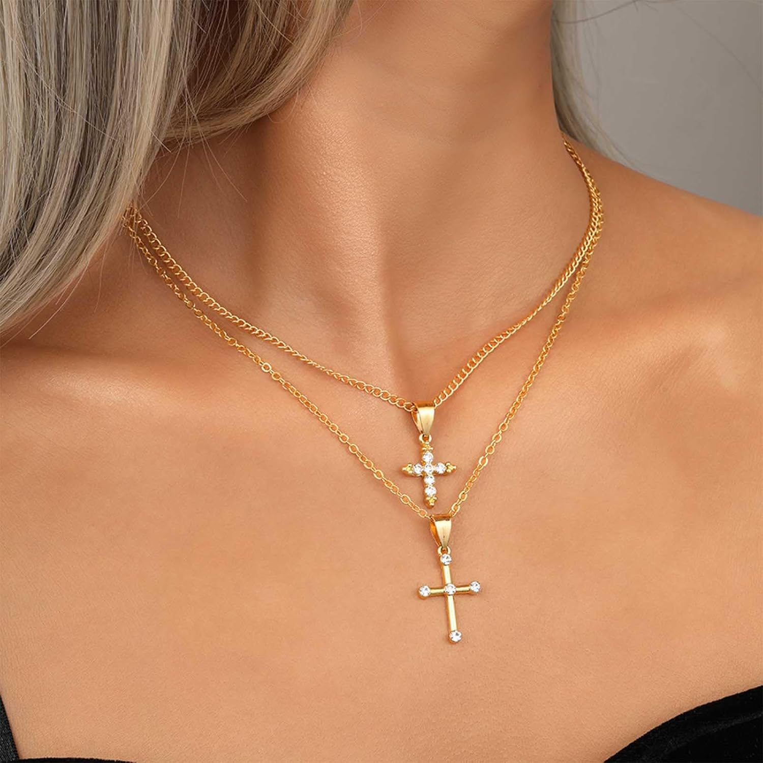 Boho Layered Gold Necklace for Women Crystal Cross Pendant Necklace Chain Cross Necklaces Dainty Layered Necklace Chain Jewelry - Image 7
