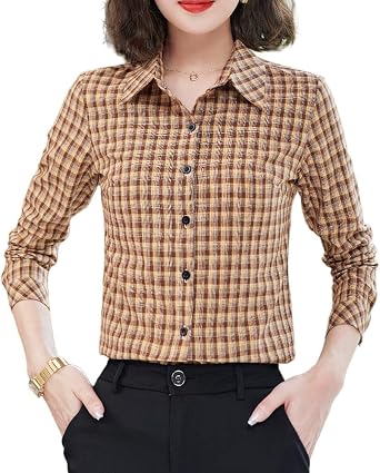 Womens Long Sleeve Collar Button Down Plaid Slim Fit Shirt