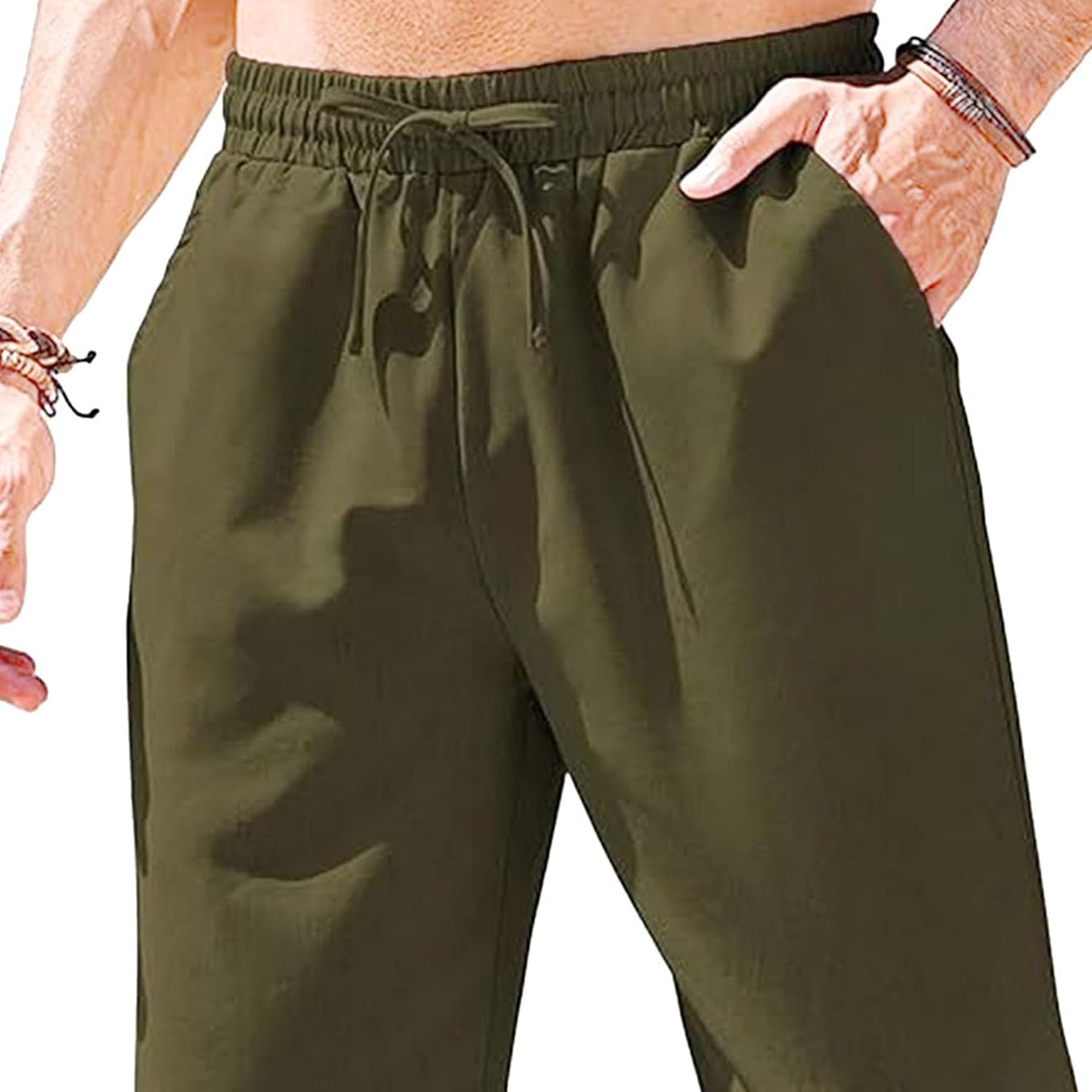 Men's Basic Cotton Liene Loose Fit Pants Elasitc Waist Lightweight Summer Trousers Casual Solid Yoga Beach Pants