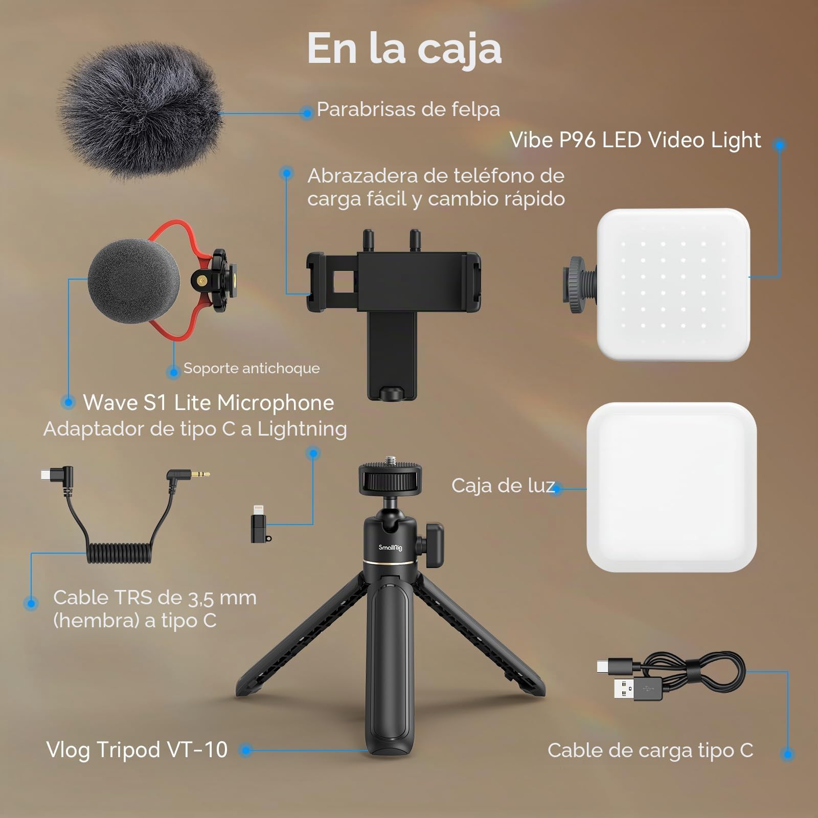 SMALLRIG VK-50 Kit de Vlogging, Trípode Plegable para Teléfono, Equipo de Grabación de Vídeo, con Trípode para Teléfono, Luz y Micrófono, Vlog Stick Portátil y Ligero para iPhone para Samsung-4369