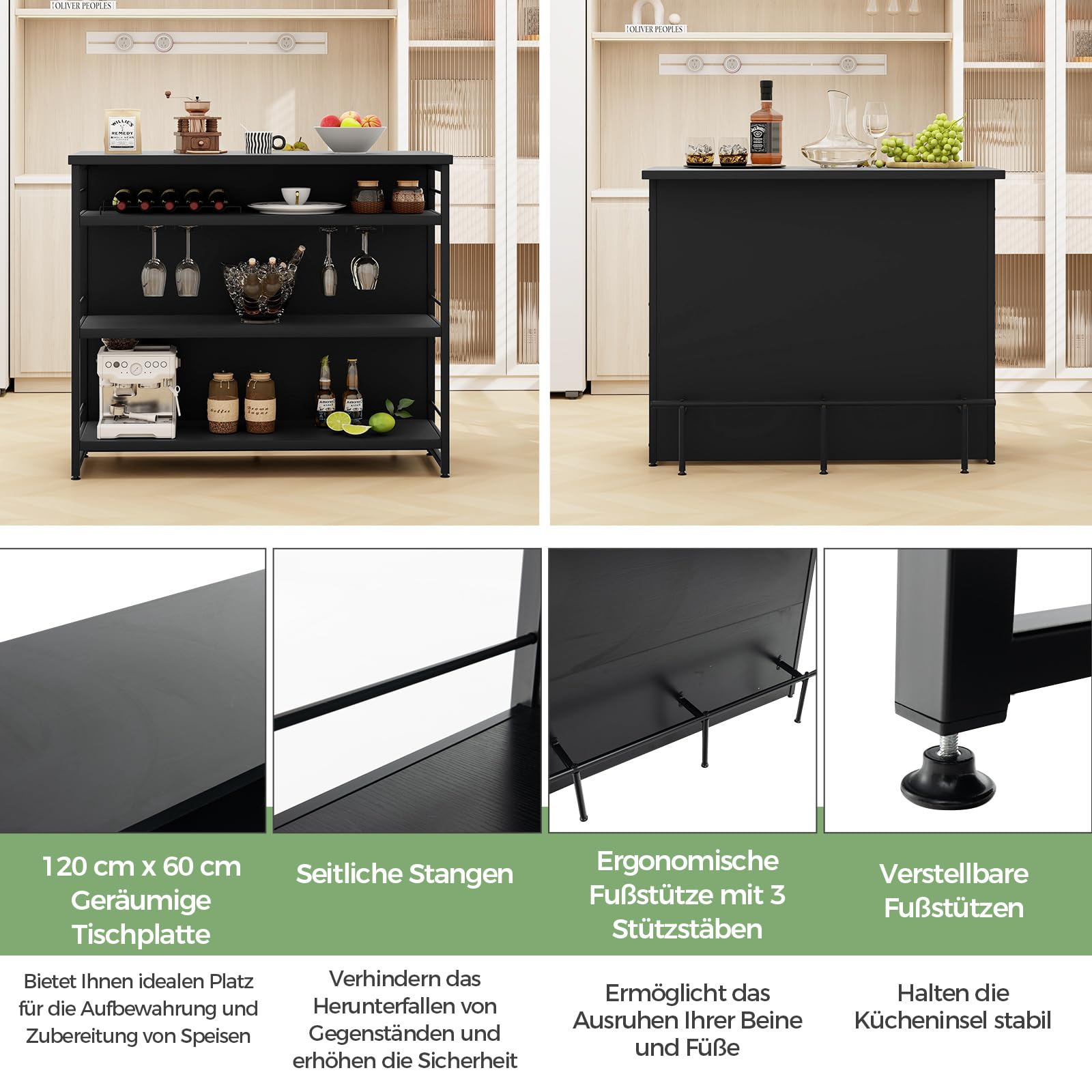 COSTWAY Hausbar Schrank, Barschrank mit 4 Ablagen, 120x60x101cm (Schwarz)