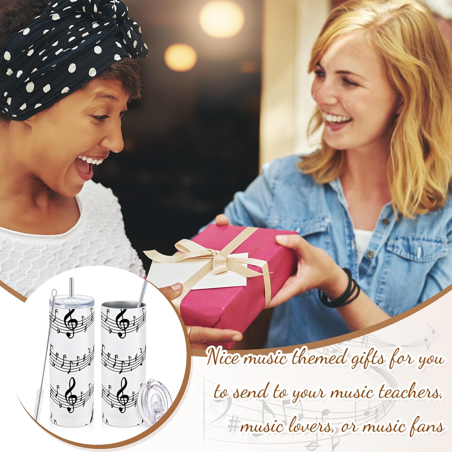 Umigy 2 Pieces Musical Note Gift Tumbler with Lid Straw and Brush, 20 oz Musical Note Travel Coffee Mug Stainless Steel Cup for Valentine's Day Music Lovers Singers Player Teacher Gifts - Image 4