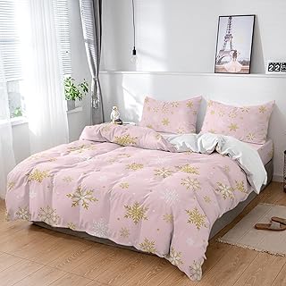 Christmas Golden Winter Snowflakes Duvet Cover Sets 4 Piece Full Ultra Soft Bed Quilt Cover Set for Kids/Teens/Women/Men,White Snow Pink Back Bedding Collection All Season Use