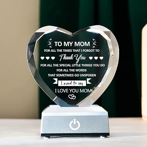 ERWEI Regalos románticos para pareja, lámpara de noche de corazón de cristal, regalos para el día de la madre, regalo de cristal con texto en inglés