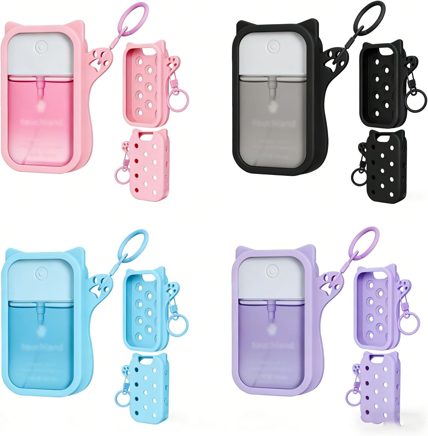 Silicone Case with Holes, Compatible with Touchland Hand Sanitizer Spray, touchland hand sanitizer case, (Fit for 1 FL OZ/30 mL Ver), Portable keychain Cute Color Ears (4pcs)
