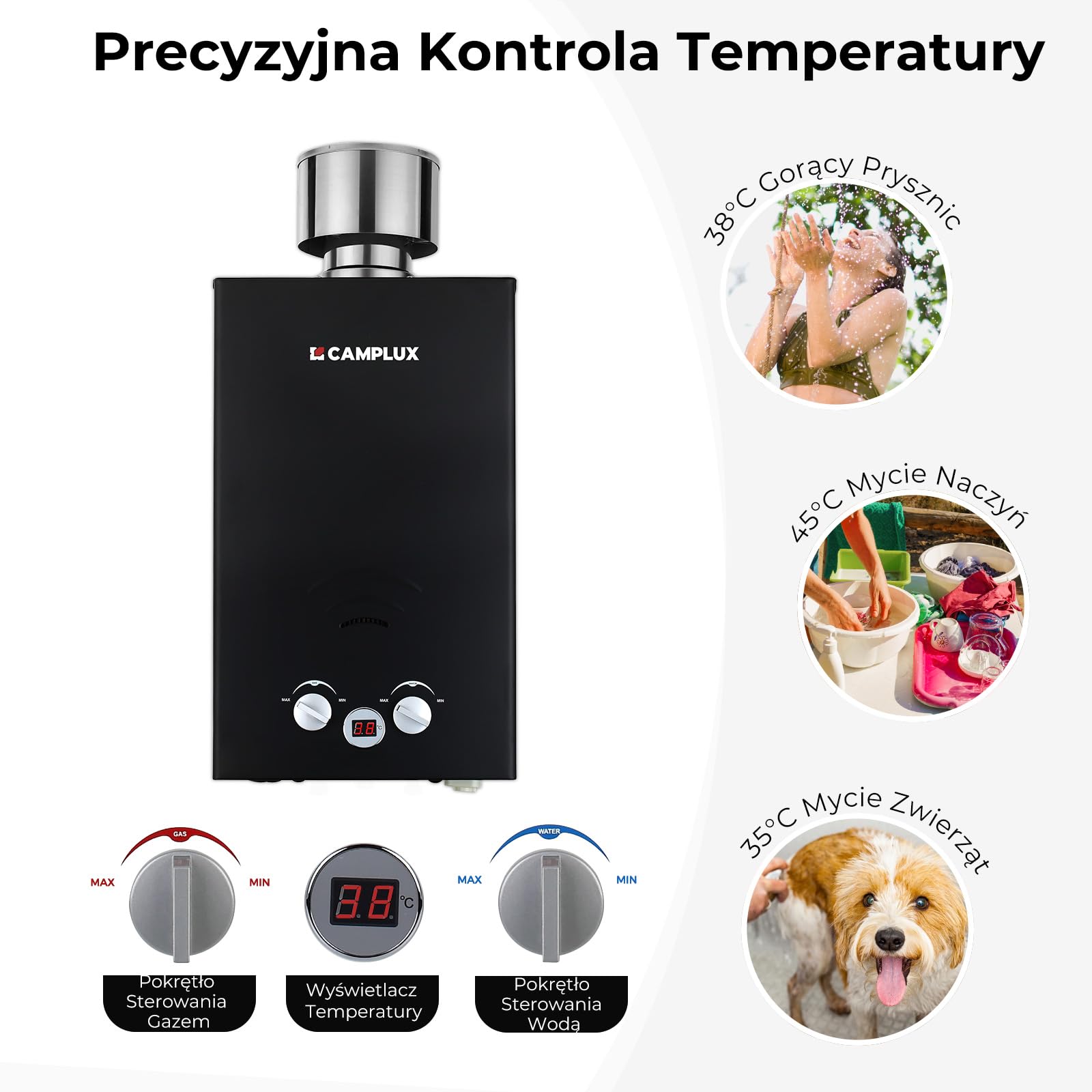 Camplux BW264BC-DE gazowy podgrzewacz przepływowy wody, 10 l, 50 mbar, z korkiem przeciwdeszczowym ze stali nierdzewnej, propan/butan, do prysznica kempingowego, wycieczek kampera, konia myjącego