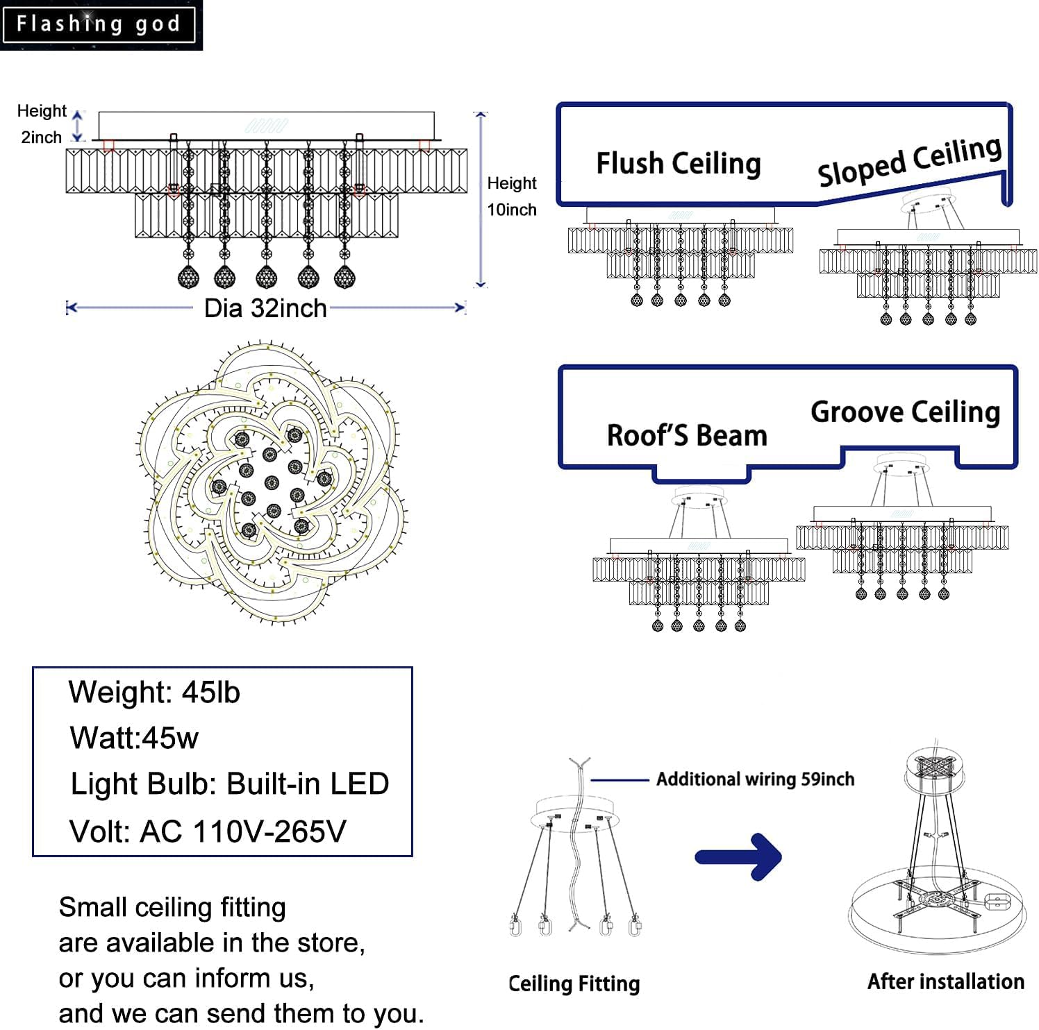 Flashing God Dia 32'' Modern K9 Crystal Chandelier Flush Mount Ceiling Light Fixture Dimmable LED Chandelier for Living Room Dinning Room Bedroom