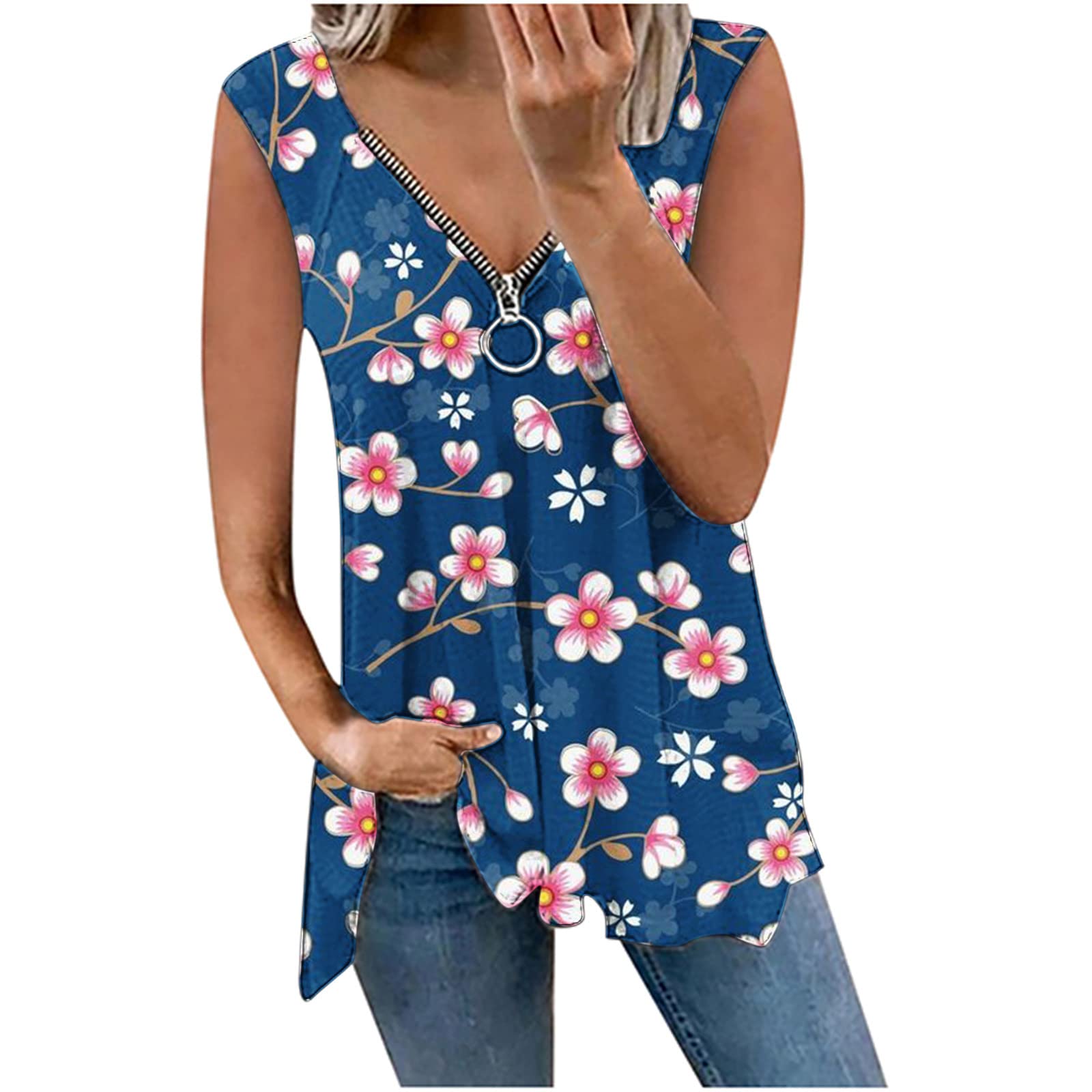 AMhomelyLadies Tops Size 22-24 UK Summer Casual Sleeveless Blouse V Neck Tops Tunic T-Shirt Floral Print Vest Tee Shirt Retro Sweatshirt Cocktail Holiday Clothes Costumes Fitness