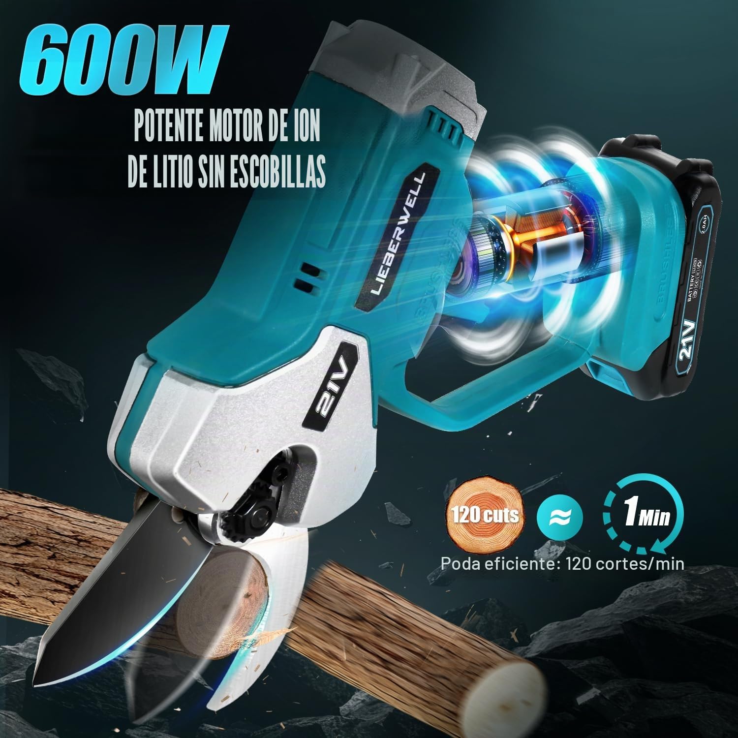 Tijeras Eléctricas para Ramas para Makita Batería 18V, 600W Tijeras de Podar Profesionales con 2 Baterías de 2000mAh, Motor sin Escobillas Manual con Contador de Cortes LCD, Diámetro de Corte de 35mm