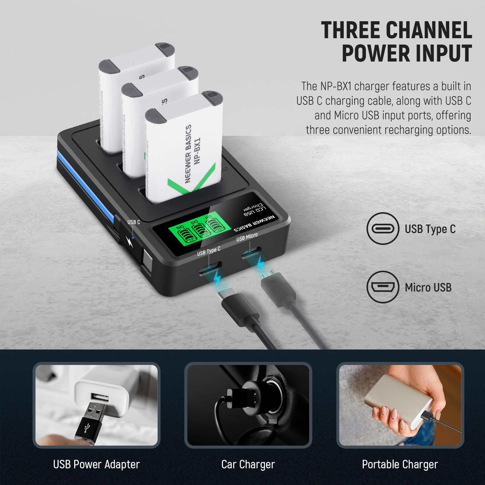 NEEWER Basics PCS de 3 Batteries de Rechange NP-BX1 avec Triple Chargeur USB,Alimentation de Secours Camera 1090 mAh pour Sony ZV1 ZV-1 II Cybershot RX100 RX100II RX100M II HDR-AS15 HDR-AS30