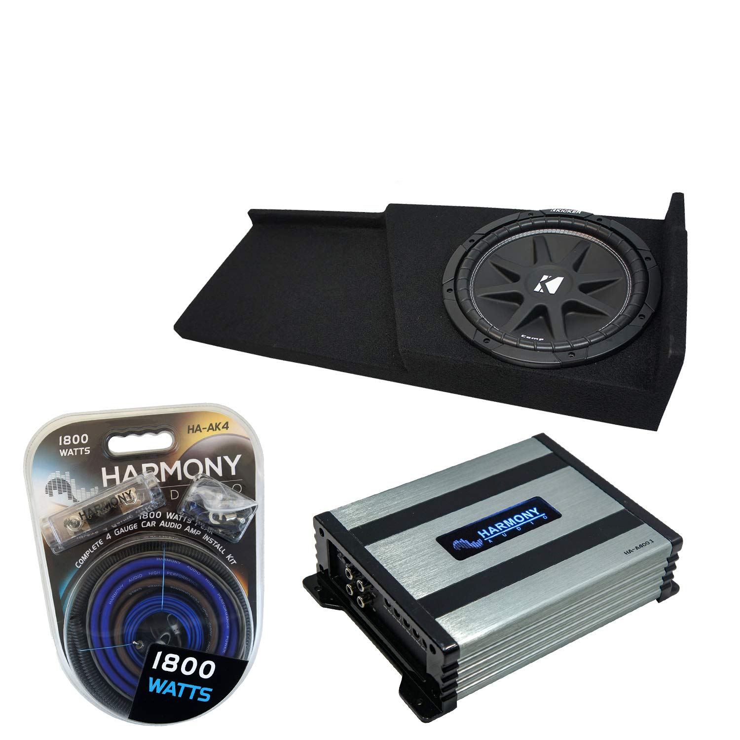 Harmony Audio Compatible with 2007-2013 GMC Sierra Extended Cab Truck Kicker Bundle Comp C12 Single 12 Sub Box Enclosure & HA-A400.1 Amp