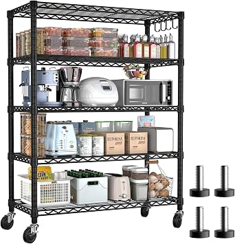91x36x180cm Storage Shelves, 5-Tier Heavy Duty Metal Shelving Unit, 566kg Load Capacity Garage Shelving with Lockable Wheels Storage Organiser for Home, Garage, Closet, Shed, Pantry Black
