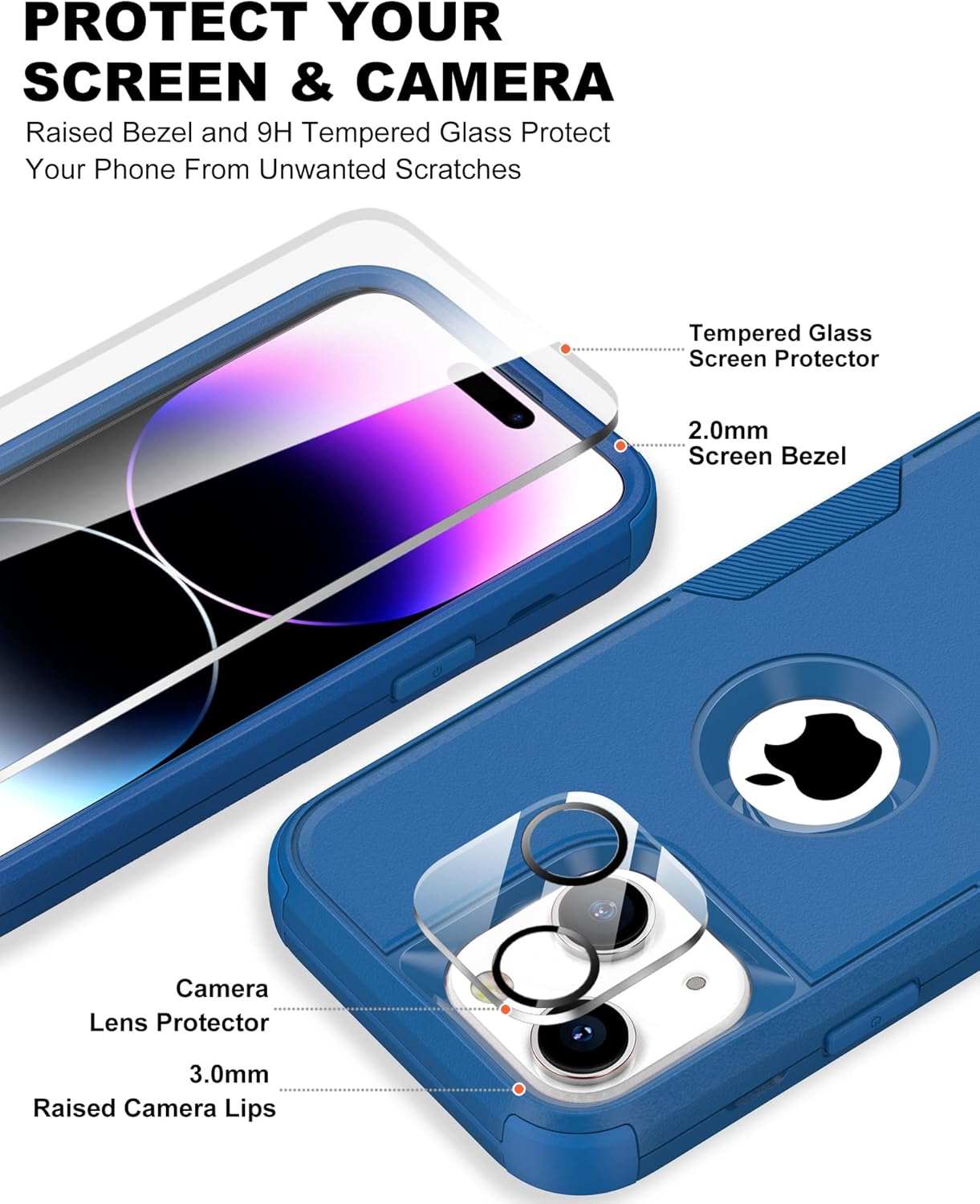Defender Case for iPhone 14 with Holster Belt Clip: [2pcs Screen Protectors + Camera Lens Protector] Heavy Duty Protective Shockproof Rugged Hard Phone Cover for Men, Blue