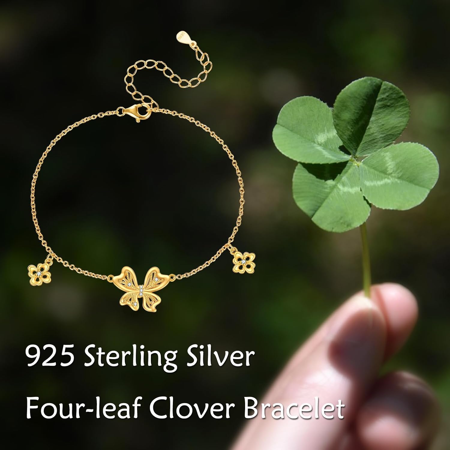 Natural Diamond Four-Leaf Clover Bracelet for Women, 925 Sterling Silver Plated with 18k Gold Four-Leaf Clover Pendant Bracelet, Lucky Jewelry Anniversary Birthday Gift for Wife Mother 7+2"