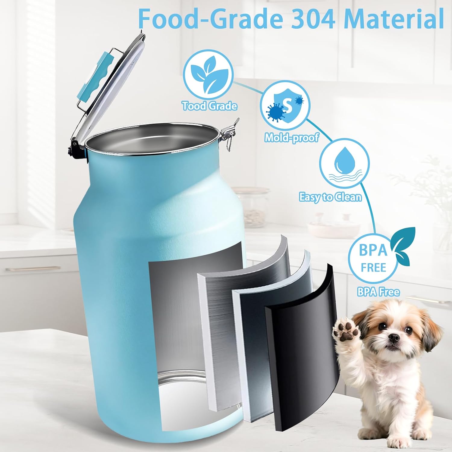 Dog-Cat Food Storage Container 40 lb/38 Qt Large Pet Food Bin with Airtight Lid, 304 Stainless Steel Construction & Scoop Included, Durable Metal Dog Food Storage for Dogs & Cats, Blue