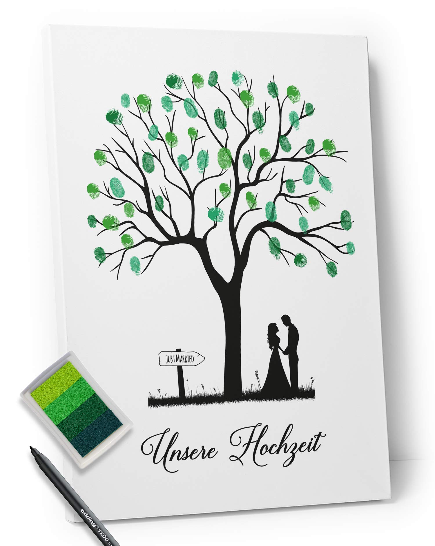 Wedding Tree Leinwand zur Hochzeit, Fingerabdruckbaum als Gästebuch (30x40cm, inkl. Stift + Stempelkissen)