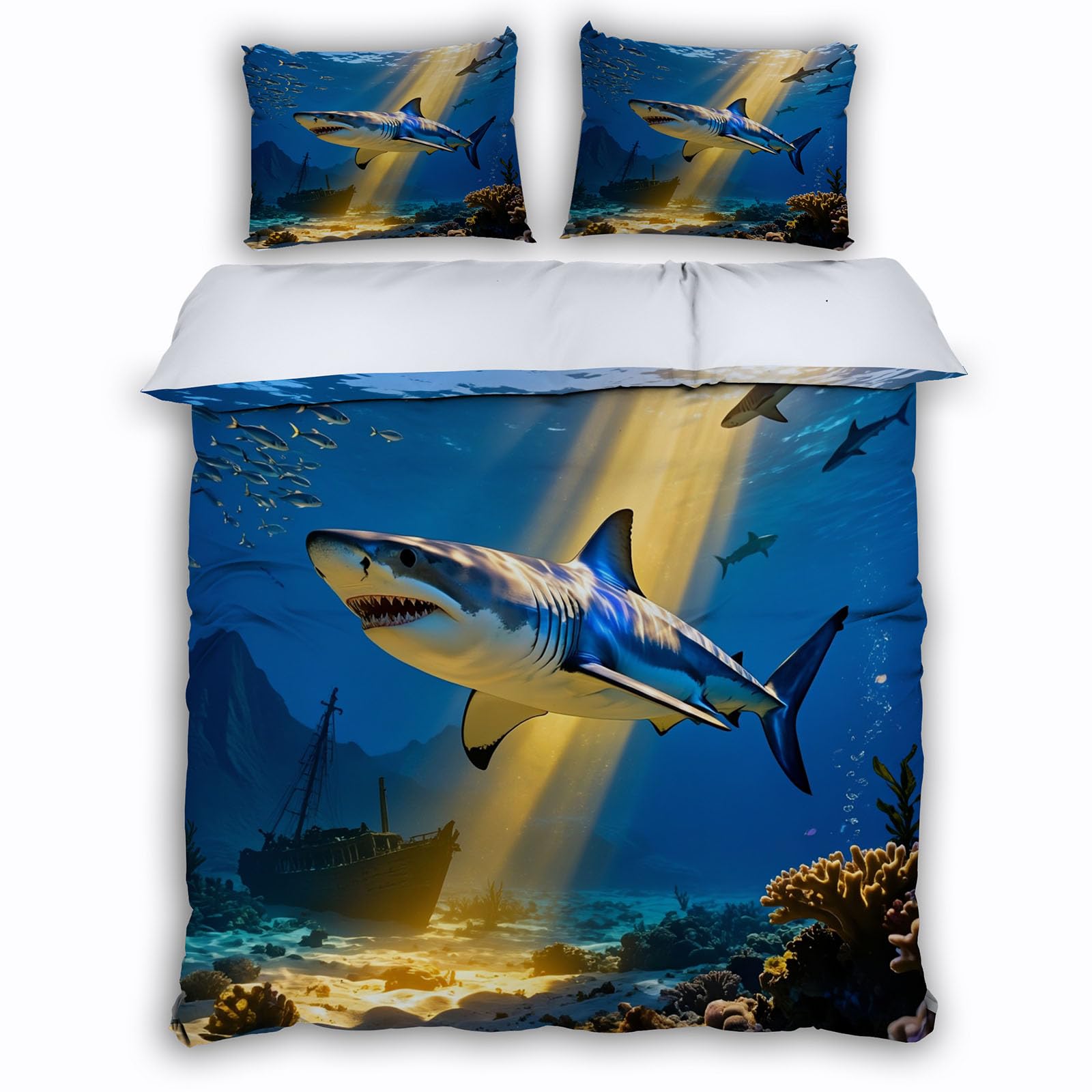 Housse de couette requin pour chambre enfant theme ocean parure lit 3 pieces
