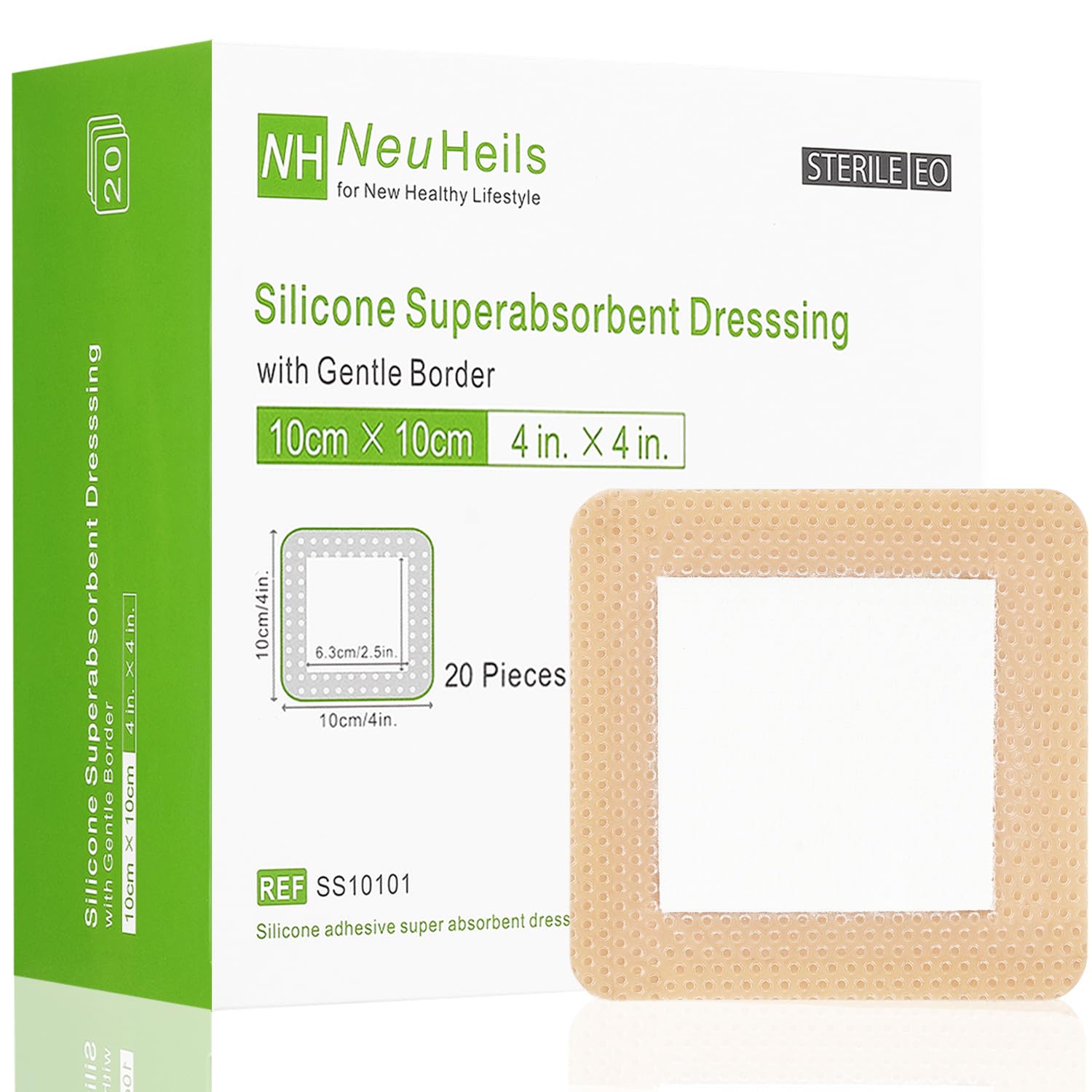 Photo 1 of NeuHeils Silicone Super Absorbent Wound Dressing 4''x4'' 20 Packs, Self-Adhesive Waterproof Bandage with Ultrasorb Pad for Heavy Exudates Wound, Soft Gauze Island Dressing
