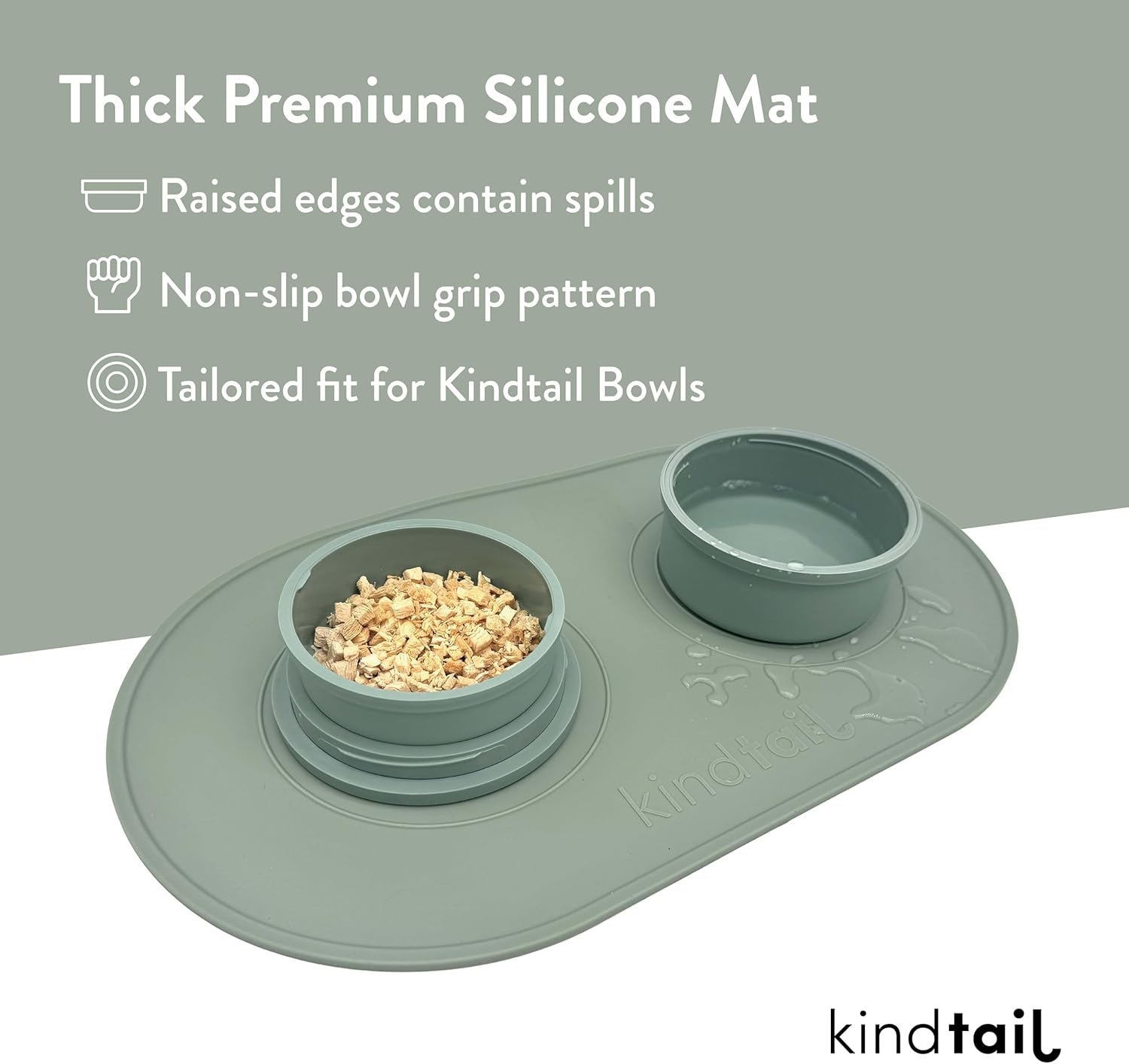 KindTail Dog & Cat Food Mat - Waterproof, Food-Grade Silicone Pet Placemat for Feeding & Water Bowls - Raised Edges Protect Floors - Non-Slip Grip - Dishwasher Safe - 19 x 11 Inches, Grey