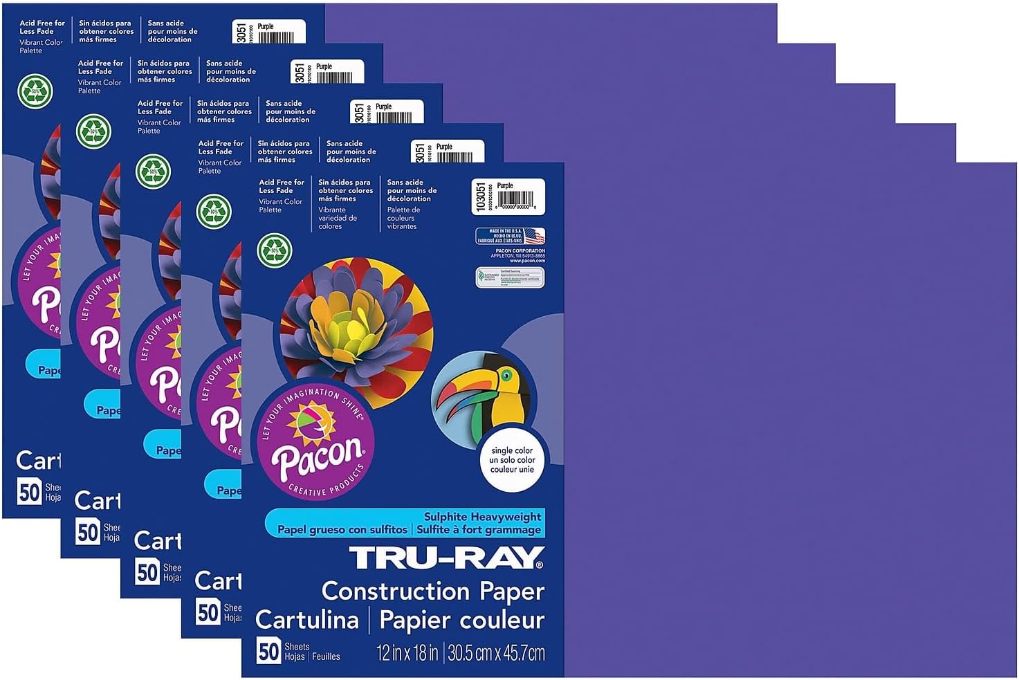 Tru-Ray® Construction Paper, Purple, 12" x 18", 50 Sheets Per Pack, 5 Packs
