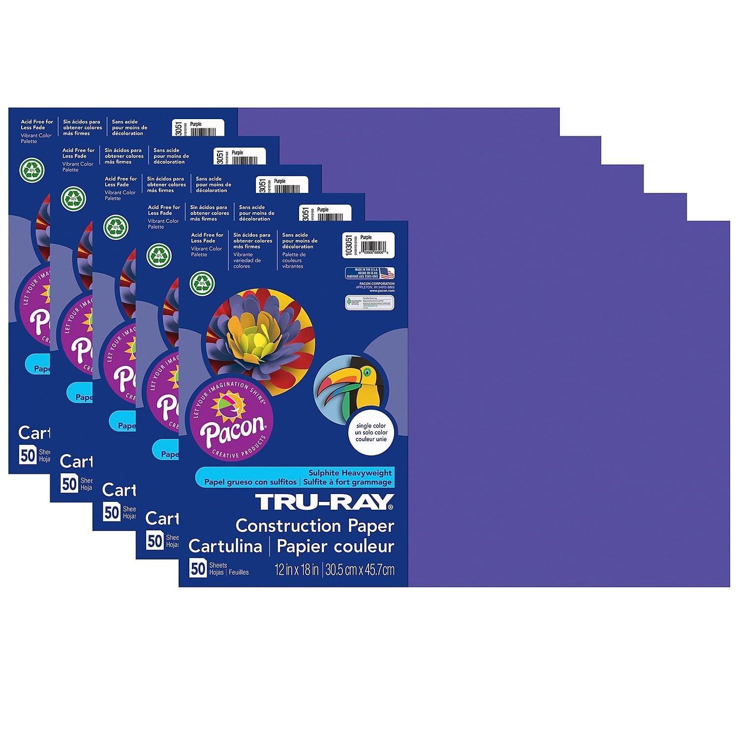 Tru-Ray(r) Construction Paper, Purple, 12" x 18", 50 Sheets Per Pack, 5 Packs