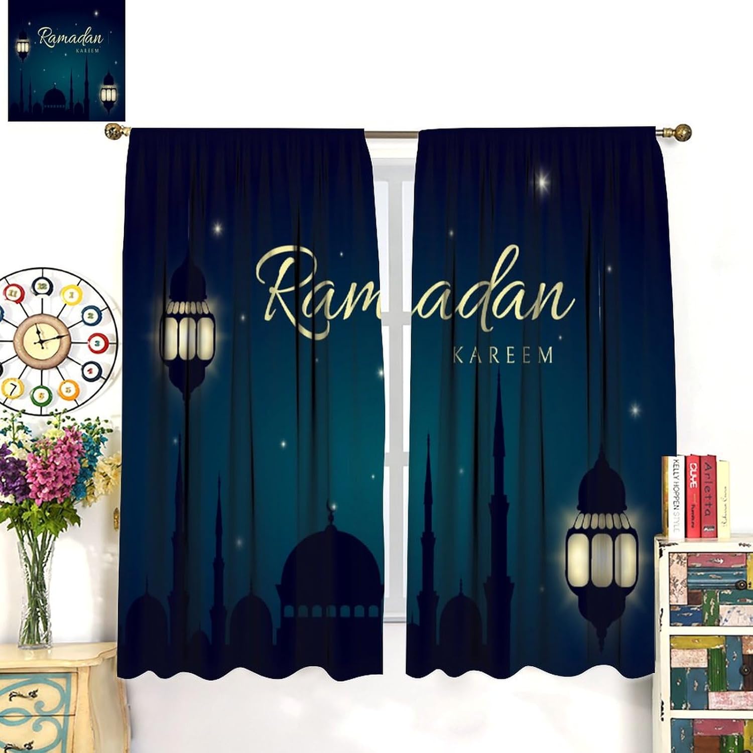 Ramadan Kareem Blackout Window Curtain Ramadan Moon Castle Eid Mubarak Festival for Children Room Bedroom Curtains Drapes 2 Panels 42x45 Inch