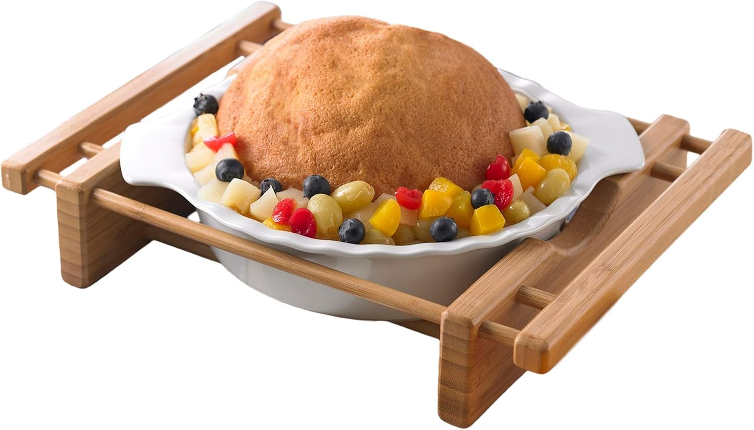 10" Natural Pie Dish With Bamboo Cradle Brown/white Cream Round Stoneware 1 Piece Dishwasher Safe