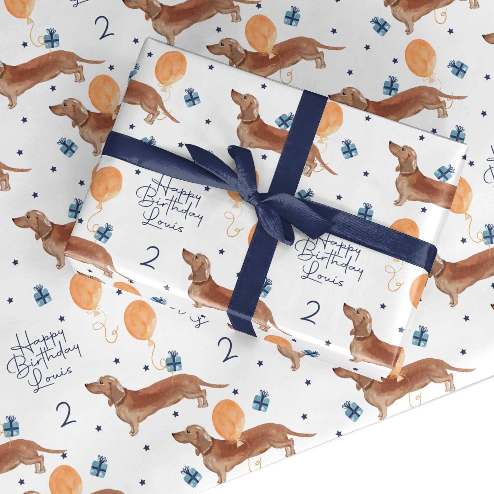 Personalised Dachshund Birthday Wrapping Paper Gift Wrap – Custom Name & Age – Cute Sausage Dog Birthday Present Wrap – Recyclable Eco Friendly by Dyefor - 3 Sheets (50cm x 65cm each)