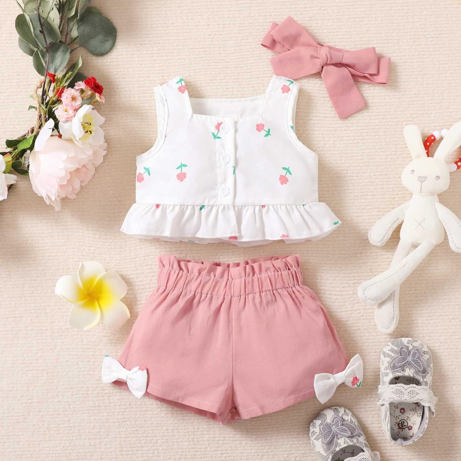 Miniatura 3 de TBUIALL Toddler Baby Girl Clothes Set Toddler Girl Clothes Off Shoulder Sleeveless Tops Floral Shorts Baby Girls Swaddles