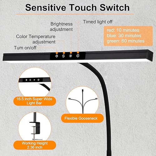 Miniatura 7 de Melaus Lámpara de escritorio LED que cuida los ojos, lámpara de trabajo de arquitecto regulable súper brillante con luz de abrazadera de cuello de
