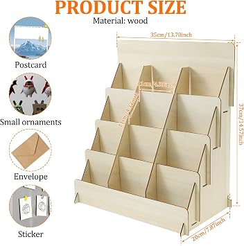 Greeting Card Display Stands,4 Tier Wood Sticker Display Racks,Multi-Purpose Counter Retail Display Rack,12 Compartments Brochure Holder Stand for Birthday Card, Bookmarks, Postcard,Photos