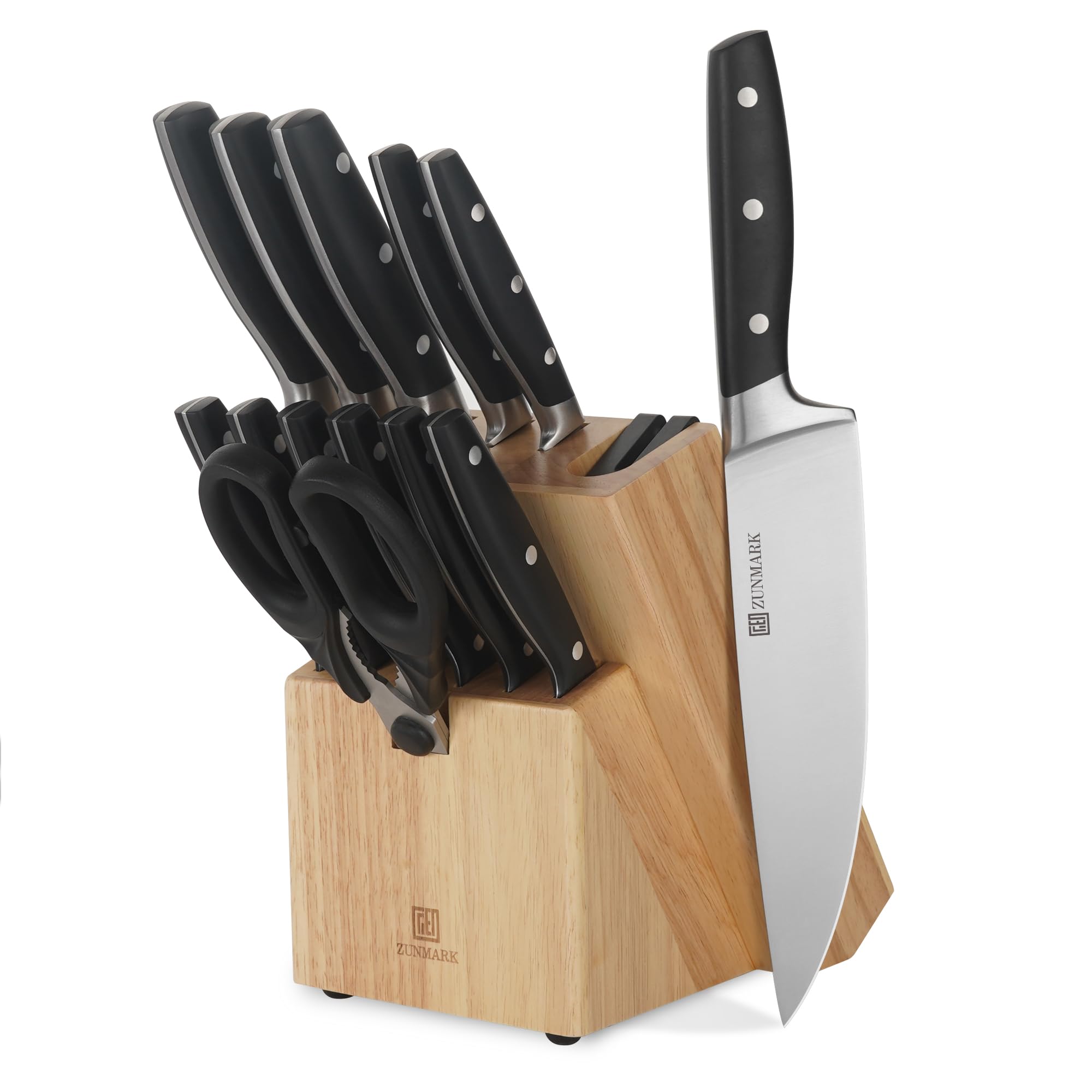 Set di Coltelli da Cucina 13 Pezzi Professionale con Blocco Legno e Affilatore Integrato, Coltelli Chef Affilati - Ideale per Casa e Ristoranti, Nero Elegante, Lavabile in Lavastoviglie