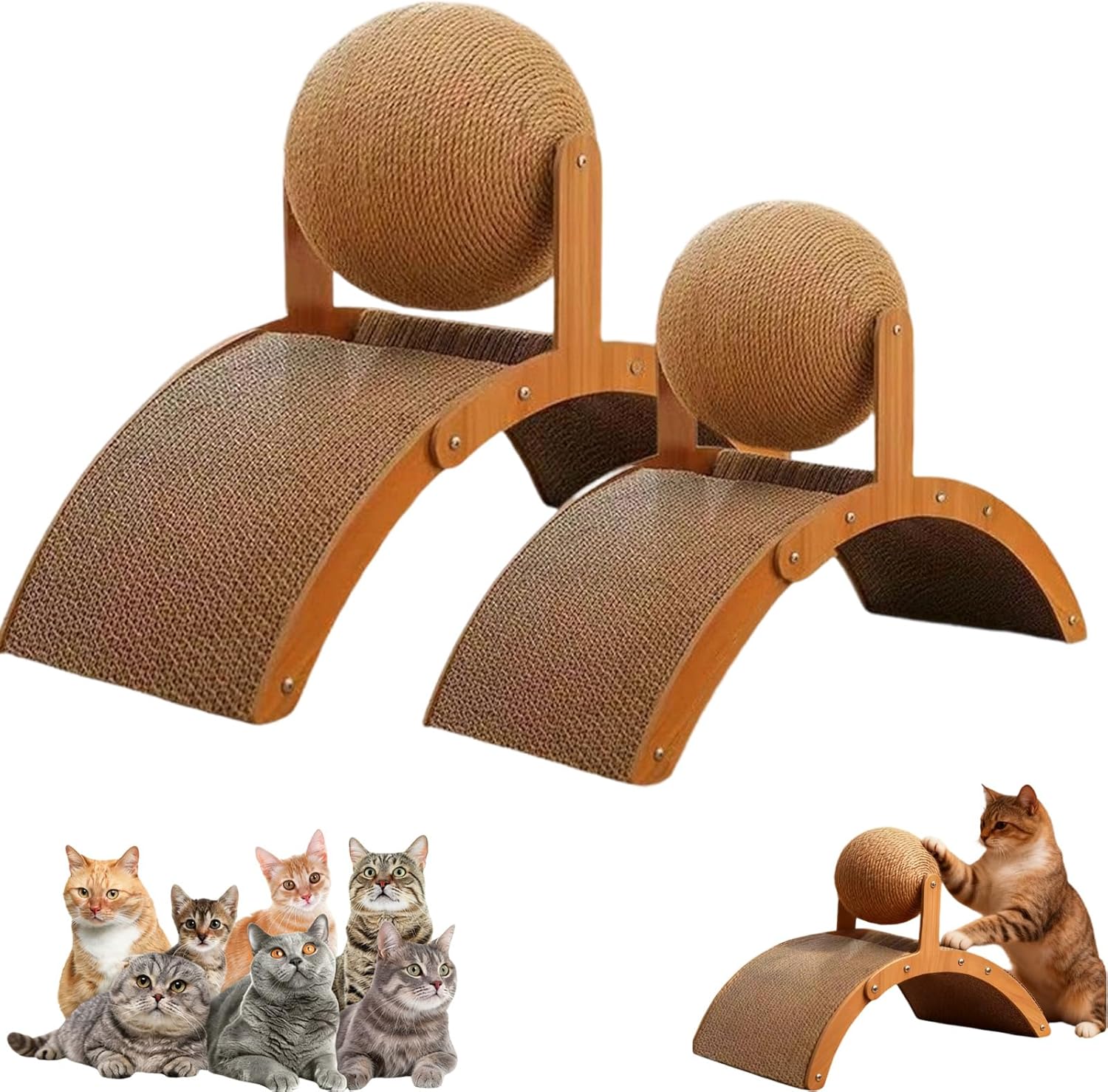 Cat Scratching Ball on Stand, Interactive Cat Scratcher Toy with Sisal Rope Ball and Inclined Scratch Board, Solid Wood Ferris Wheel & Arch Bridge Design Kitten Toy (Small+Large)