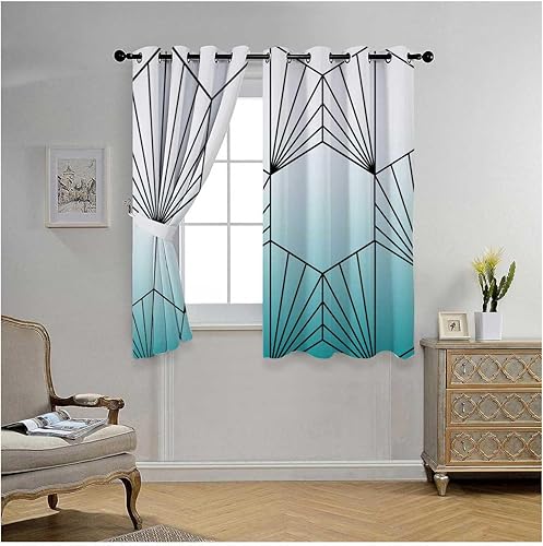 Cortinas para Sala Elegantes Modernas White Cyan Gradient Abstract Geometric Lines Patio Door Curtain Blackout Material 55Inch Width by 55Inch