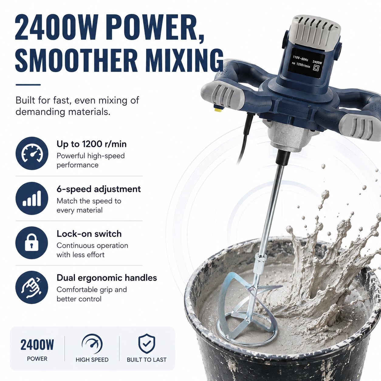 Agitatore professionale per calcestruzzo, 2400 W, miscelatore per malta a secco, 6 marce, regolabile, 1200 giri/min, miscelatore manuale