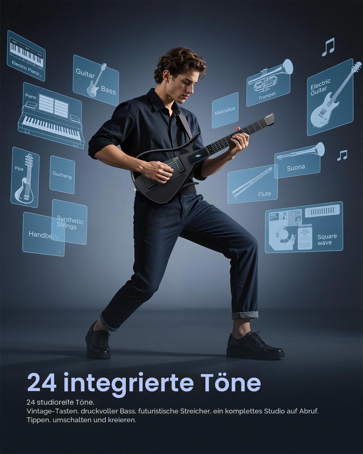Enya CYBER-G Smart Gitarre – mit Silikonsaiten, 24 integrierten Sounds, schwarze leise Reise Anfänger Gitarre mit Lautsprecher, Drum-System, App & interaktiven Akkorden für Erwachsene & Teenager