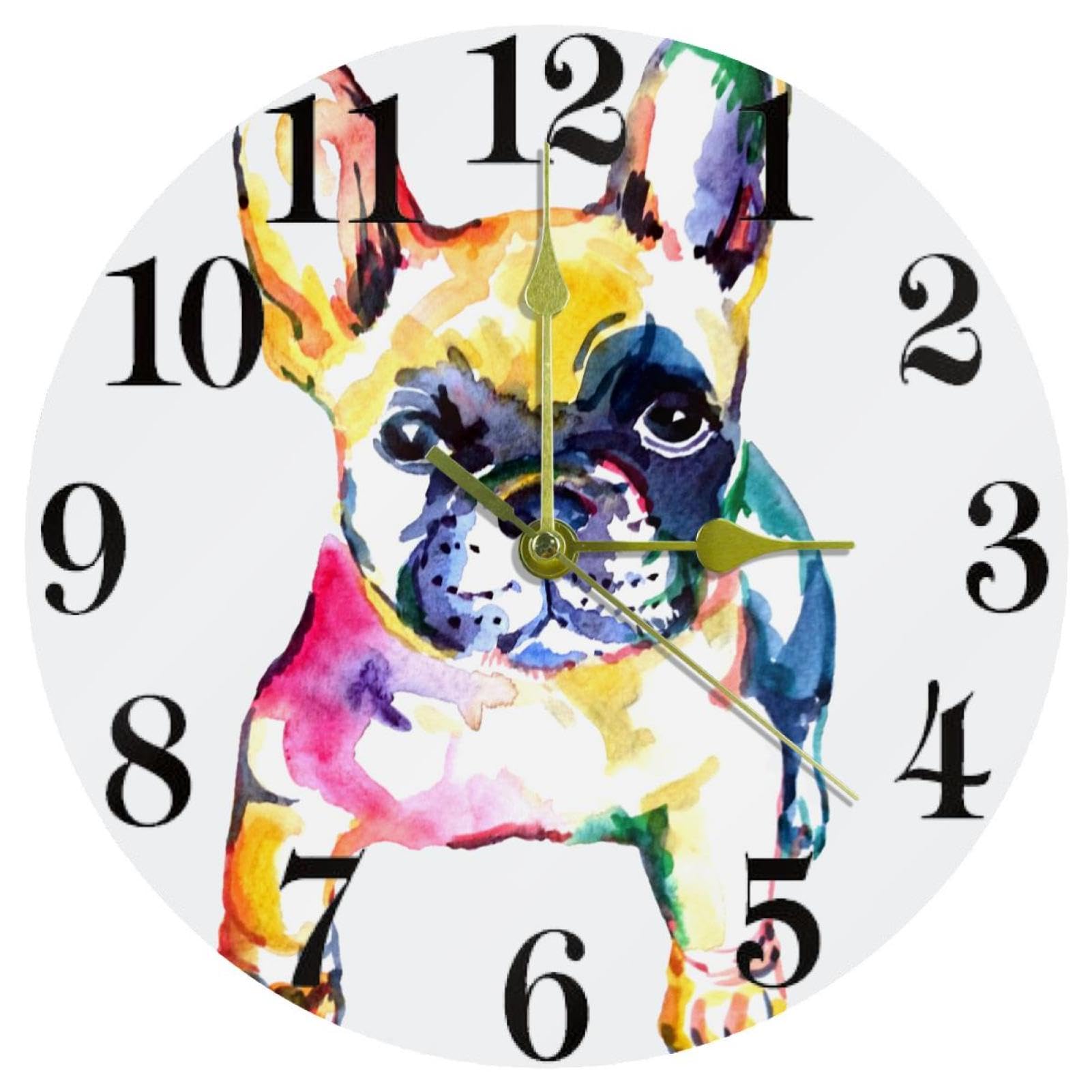 Horloge murale bouledogue français silencieuse à quartz ronde fonctionne avec piles