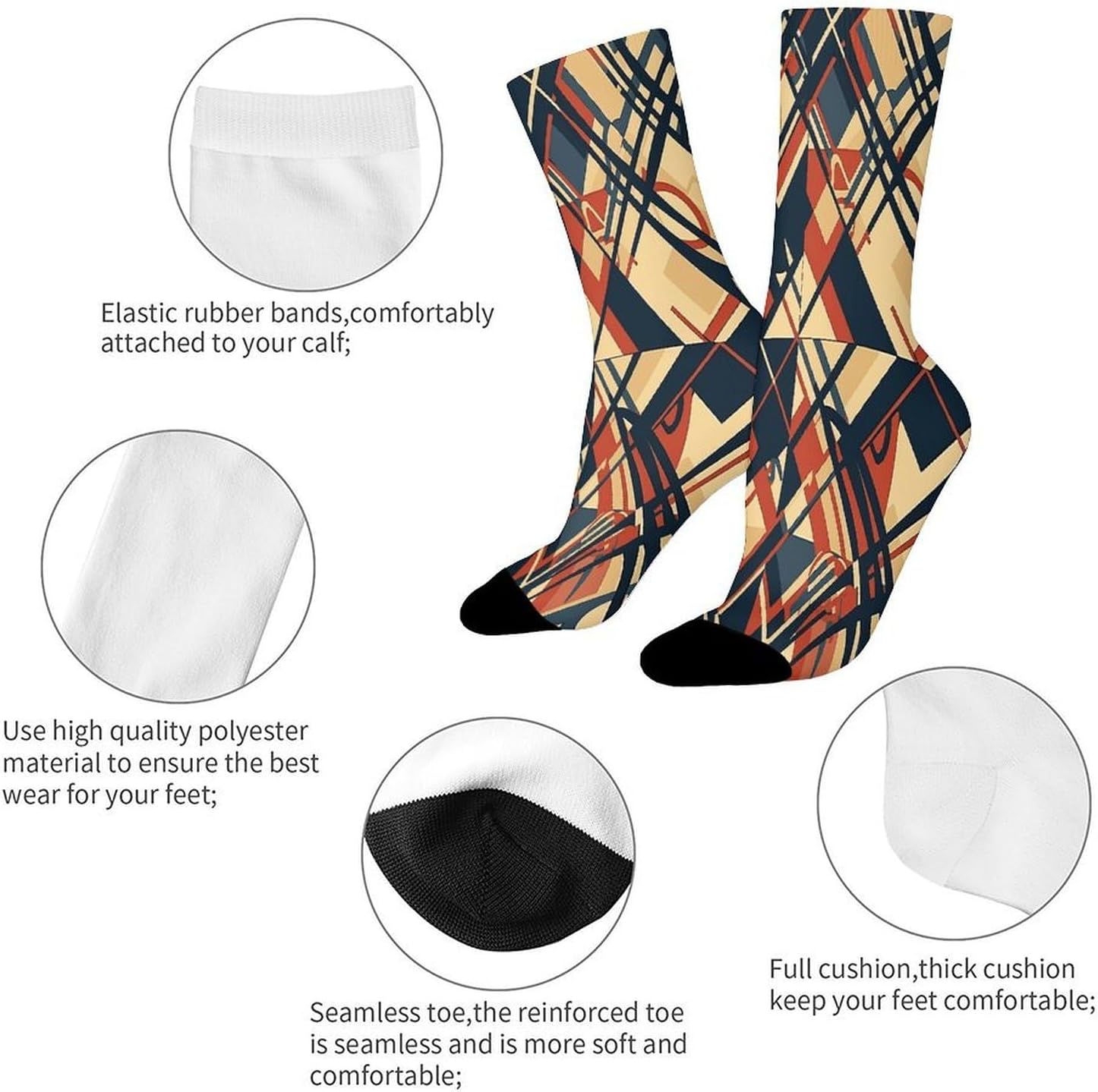 Geometric Patterns Crew Sock High Stocking Grippy Socks | Socks for Men & Women,Stockings-Long Thin Tube Sports, Breathable Soft Athletic for Nurses,Travel