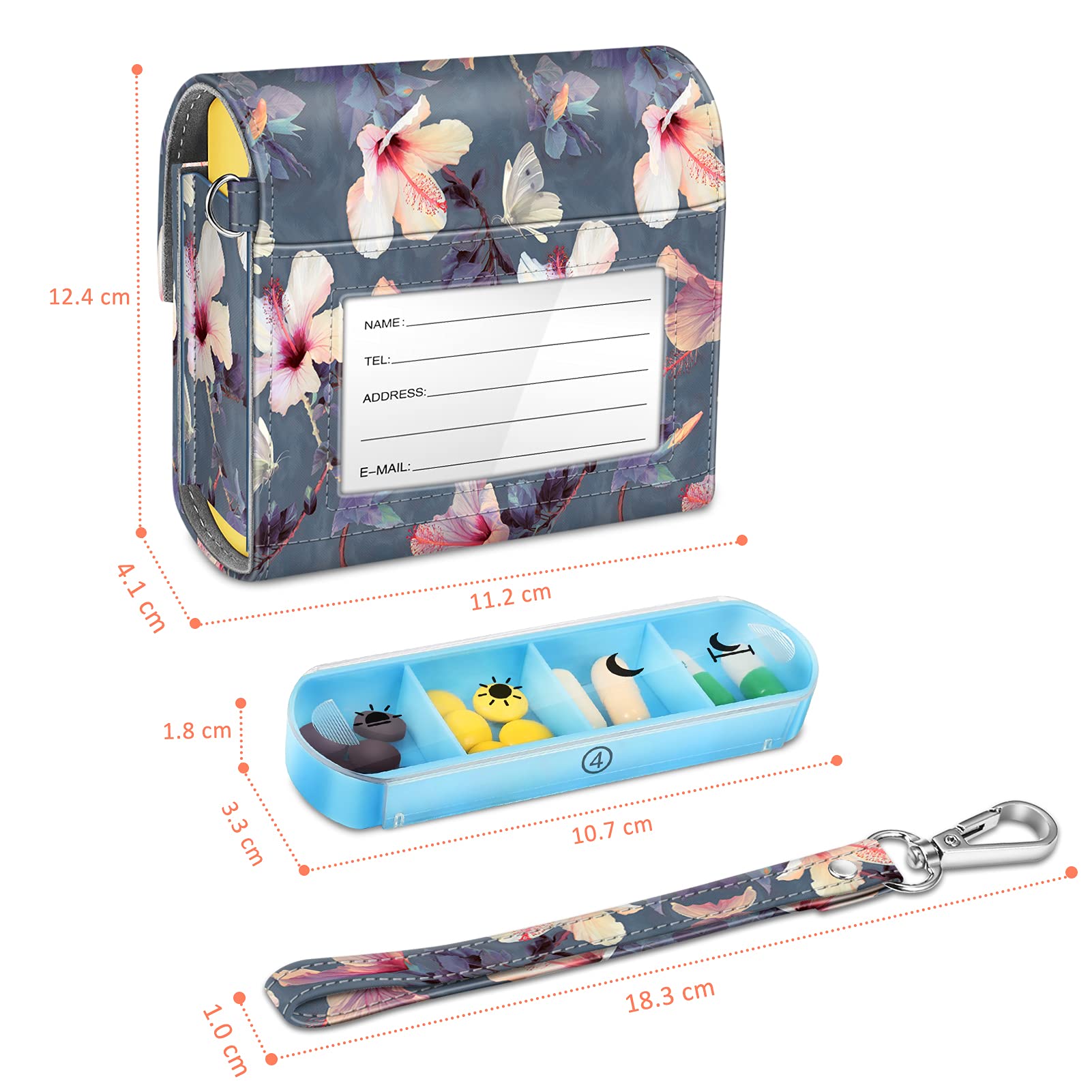 FINPAC Pilulier hebdomadaire avec sacoche en cuir PU, 7 Jours 4 fois par jour Organisateur de pilule de voyage avec carte Nom pour Matin Midi Soir Coucher pour pour vitamines, médecine, Fleur Hibiscus