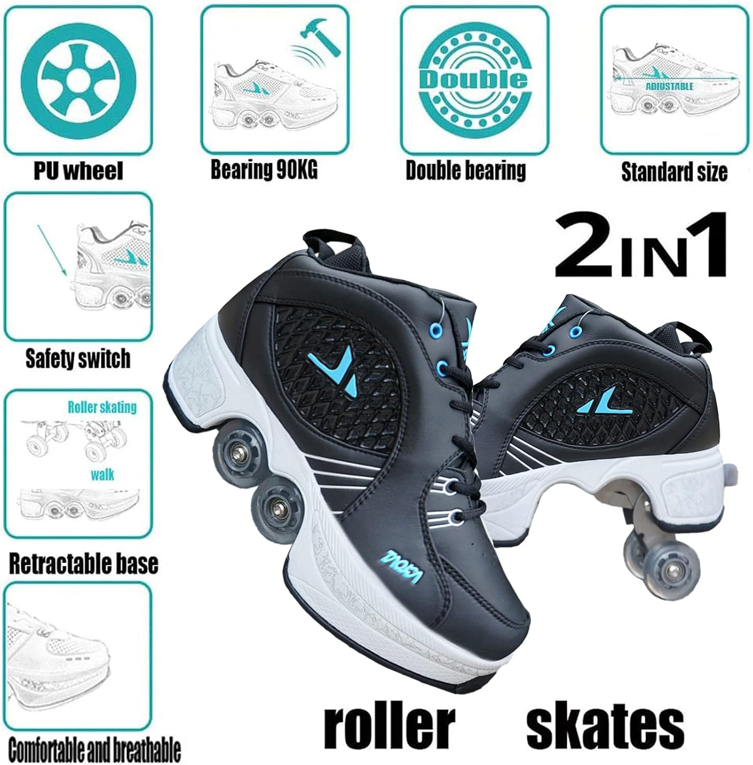 Roller Skates/2 in 1Multifunctional Roller Skates Shoese/Deformation Invisible Roller Skate Automatic Walking Shoes.Suitable for Outdoor Sports Roller Skates for Boys, Girls and Adults