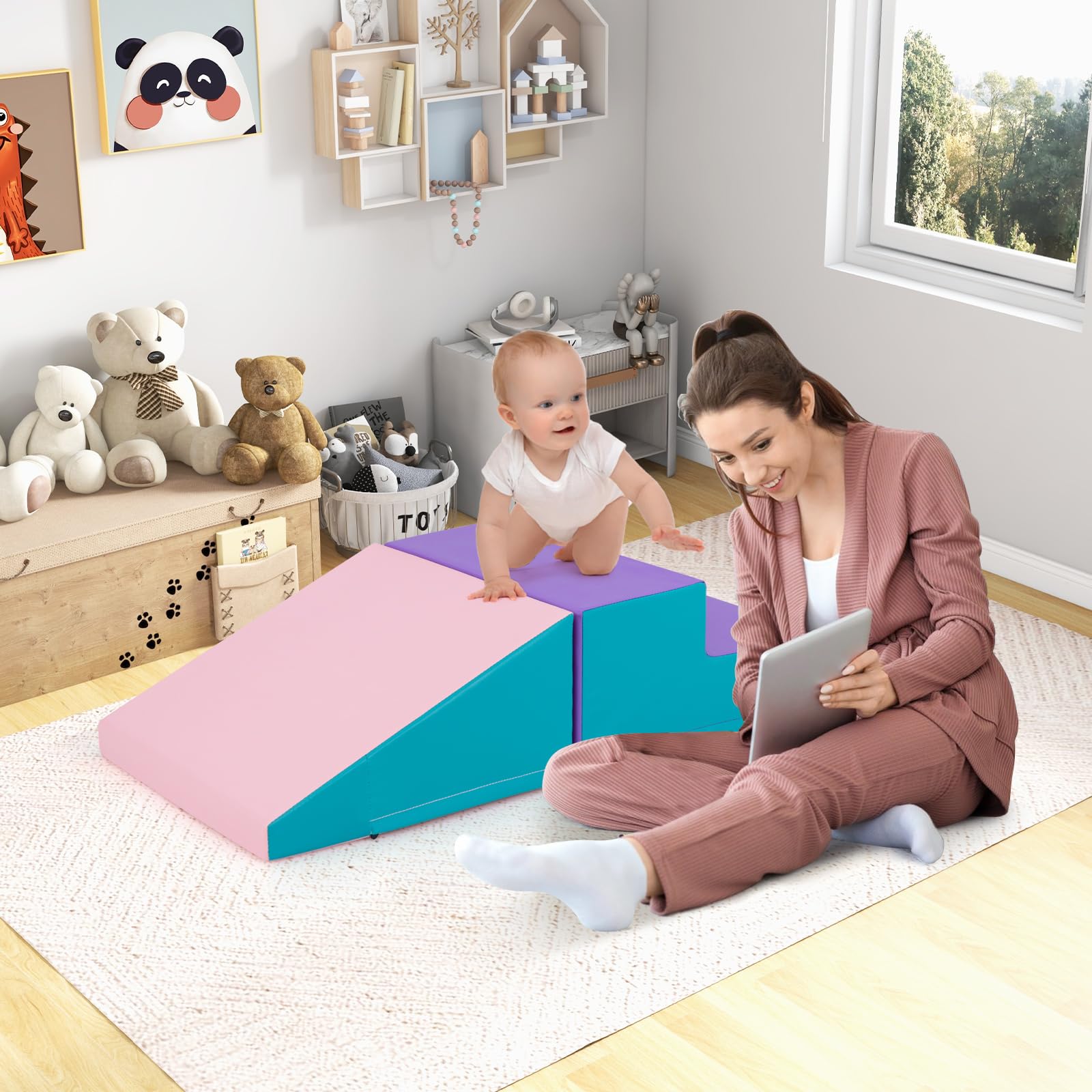 COSTWAY 2PCS Parcours Motricité Bébé en Mousse avec Housse Amovible en PU, Module Motricité Bébé avec Marche & Toboggan, Jouets Éducatifs pour Ramper Grimper pour Enfant d'Âge Préscolaire