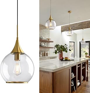 Pendant Lights Kitchen Island: Brushed Gold Light Fixture Farmhouse with Clear Glass - 10 Inch Mid Century Globe Kitchen Lighting Fixtures Ceiling for Dining Room